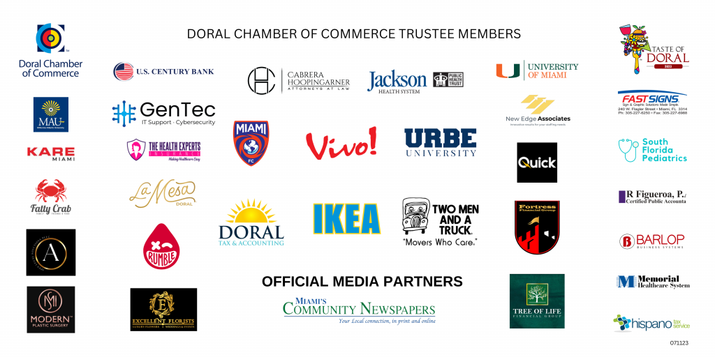 Doral Chamber of Commerce Trustee Sponsor Members Banner 2023. Doral's Best Businesses.