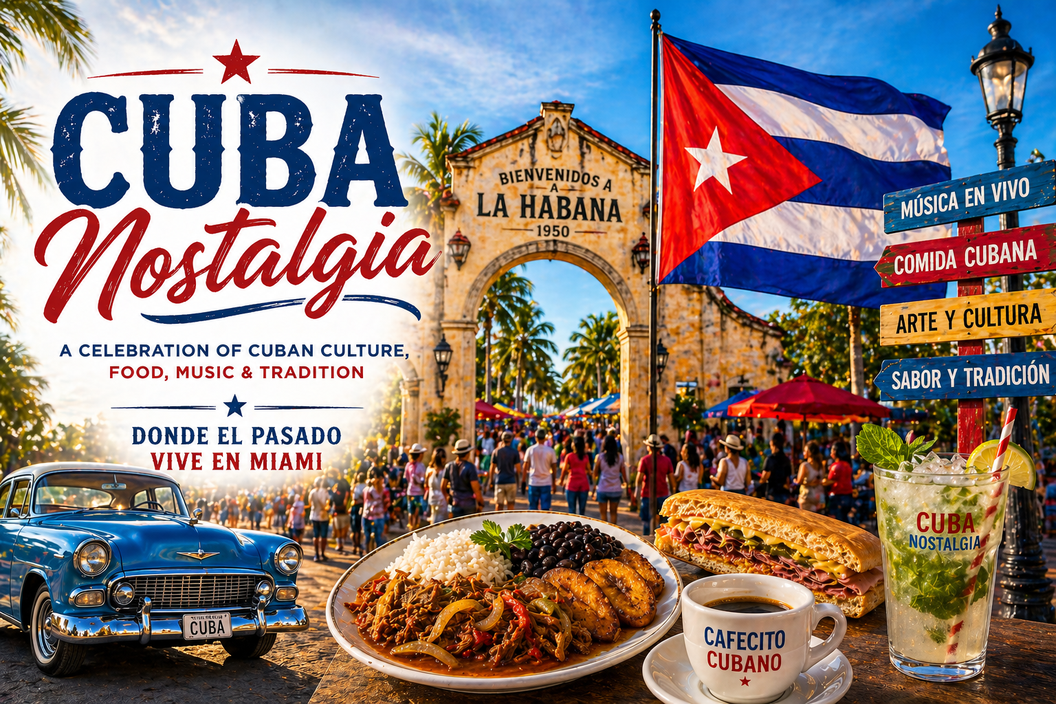 Promotional banner for Cuba Nostalgia featuring a lively Cuban street festival scene with a vintage Havana-style arch, palm trees, and a large Cuban flag, crowds enjoying the event, traditional Cuban food including ropa vieja, rice, plantains, a Cuban sandwich, and a cafecito, along with a classic vintage car, celebrating Cuban culture, food, music, and tradition.