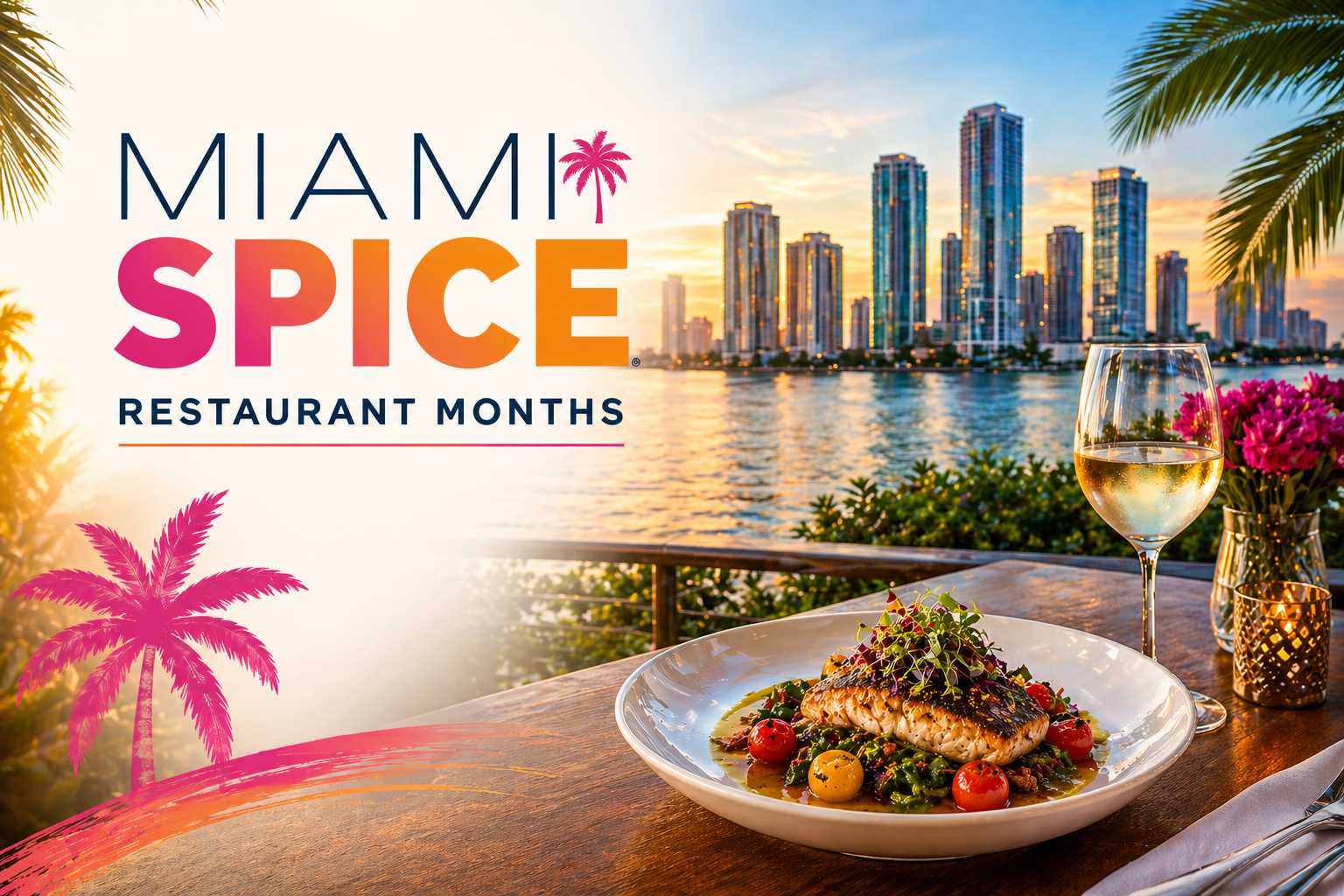 Promotional banner for Miami Spice Restaurant Months featuring a vibrant Miami waterfront skyline at sunset, a plated gourmet dish with wine on an outdoor table, and bold text highlighting “Miami Spice,” dates August 1–September 30, 2026, and prix-fixe menus starting at $35 for lunch and $45 for dinner.