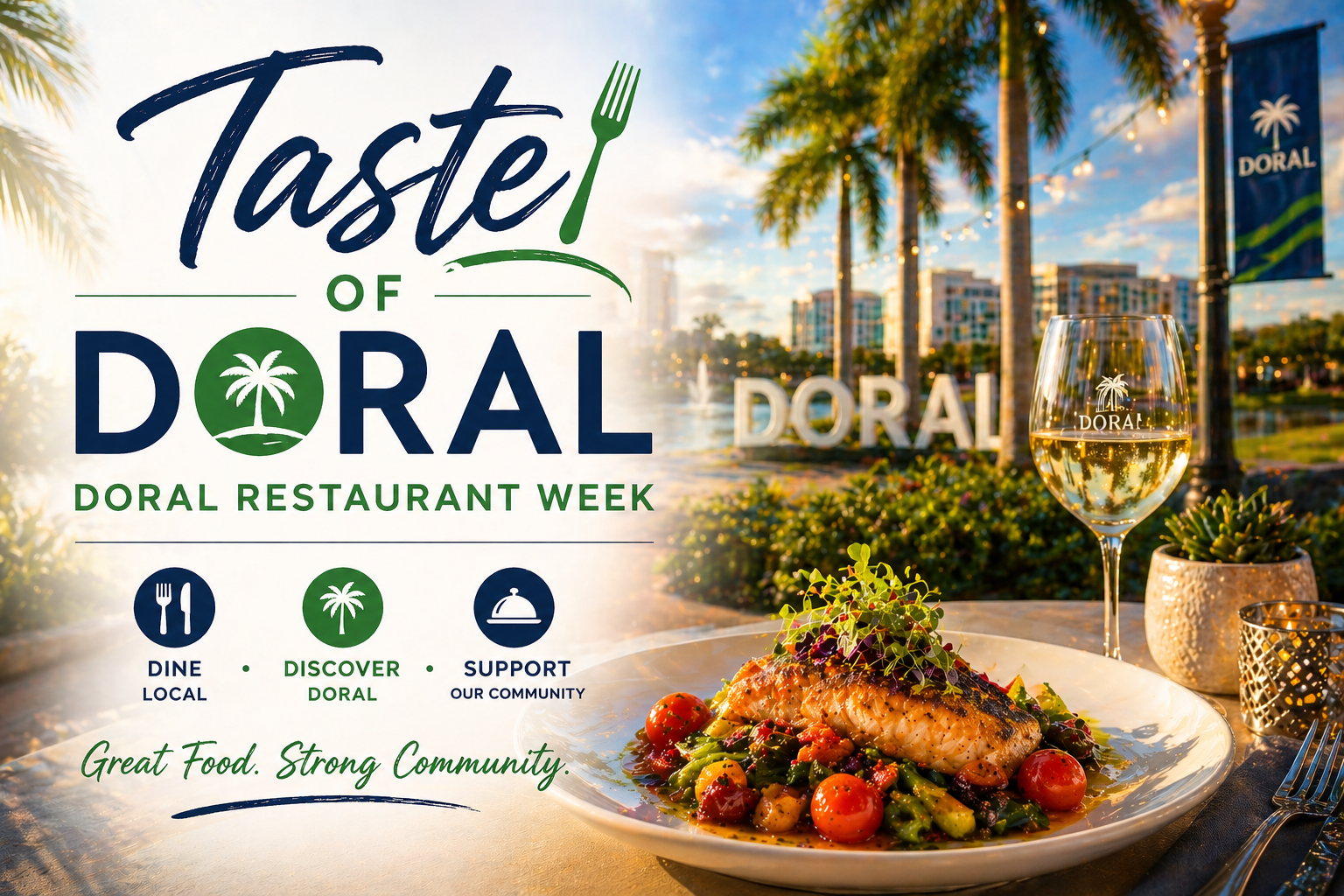 Promotional banner for Taste of Doral – Doral Restaurant Week featuring a vibrant outdoor dining scene in Doral with palm trees and a waterfront view, a gourmet plated dish and a glass of wine in the foreground, and text highlighting “Taste of Doral” with a focus on dining local, discovering Doral, and supporting the community.